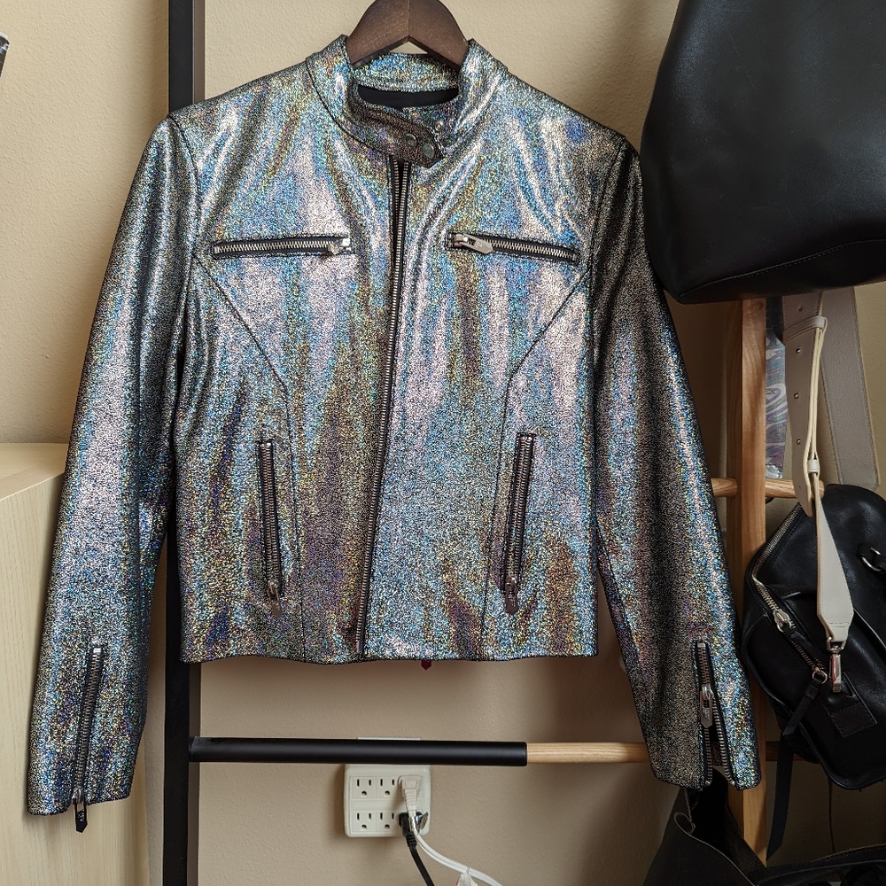 Iridescent Holographic Metallic Racer Leather Jacket